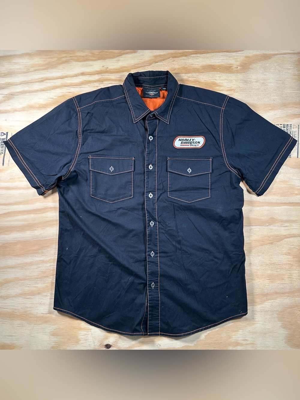 Harley-Davidson Black Short-Sleeve Button-Front Shirt with Orange Stitching